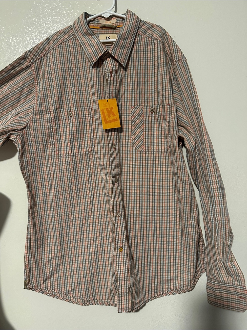 IK Men's Peach & Blue Plaid Button-Down Shirt